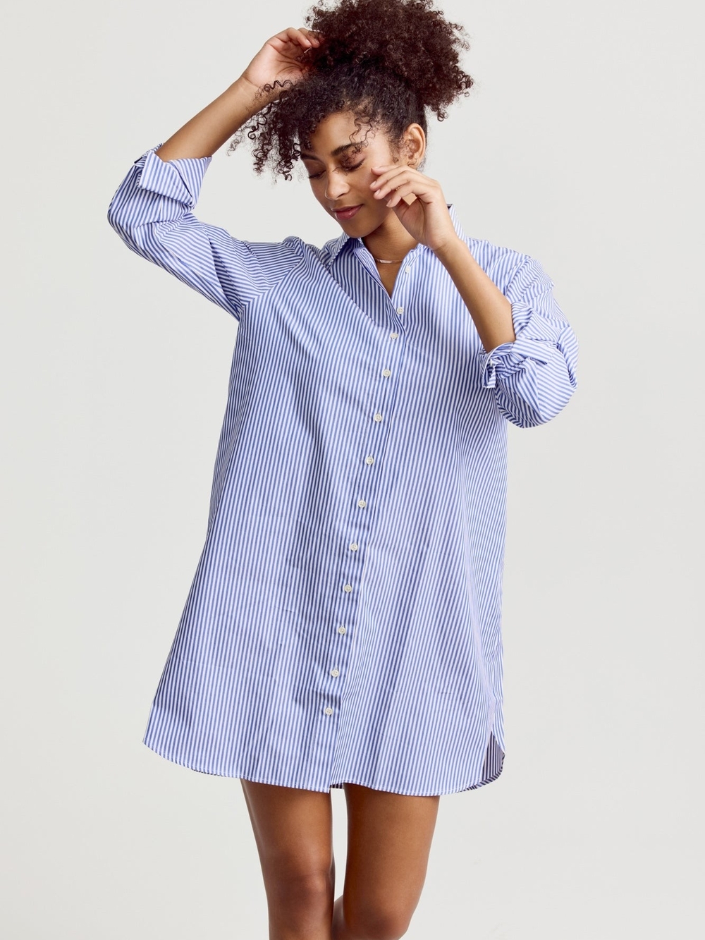 CAbi Blue & White Striped Button-Front Mini Shirt Dress